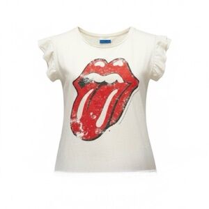 Amplified Rolling Stones Ruffle Sleeve Cream Cropped Raw Edge T Shirt Size Large